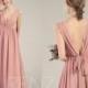 Dusty Rose Bridesmaid Dress Illusion V Neck Chiffon Wedding Dress Open Back Long Sash Scalloped Lace Maxi Dress (L511)