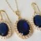 Blue Oval Crystal Jewelry Set, Navy Blue Halo Jewelry Set, Dark Blue Wedding Earrings&Necklace Set, Sapphire Blue Jewelry, Bridal Party Gift