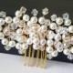 Pearl Gold Wedding Hair Comb, White Pearl Crystal Bridal Headpiece, Wedding Floral Hair Piece, Pearl Crystal Hair Jewelry, Bridal Hairpiece