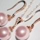 Blush Pink Pearl Rose Gold Jewelry Set, Bridal Blush Pink Earrings&Necklace Set Swarovski 10mm Rosaline Set, Bridesmaid Pink Wedding Jewelry