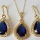 Navy Blue Gold Crystal Jewelry Set, Blue Sapphire Teardrop Bridal Set, Blue Halo Earrings&Necklace Jewelry Set, Dark Blue Jewelry, Prom Set