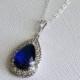 Sapphire Teardrop Bridal Necklace, Navy Blue Silver Wedding Pendant, Royal Blue Necklace, Sapphire Halo Necklace, Navy Blue Bridal Jewelry