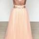 Two Piece Rose Gold Sequin Tulle Long Bridesmaid Dress with Short Sleeves