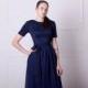 Navy blue bridesmaid dress with short sleeves. Knee lenght navy cocktail dress. Modest blue lace dress junior bridesmaid, plus size