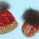 Set of brooches, winter hat brooche, mitten with fur brooche, brooches with fur, embroided hat, embroided mitten, beaded hat