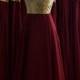 Burgundy Silk Georgette/Chiffon With Top Sequin Gold Bridesmaid Dress, Floor Length Sequin Evening Dress, Wedding Party Maid Of Honor Dress