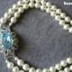 Pearl and Aquamarine Necklace, Vintage Pearl Choker, Aqua, Blue Topaz, Two Strand, Bridal Pearls, Pearls With Side Clasp