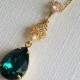 Emerald Gold Necklace, Green Teardrop Necklace, Swarovski Emerald Crystal Necklace, Wedding Emerald Jewelry, Bridal Emerald Gold Jewelry