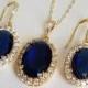 Blue Oval Crystal Jewelry Set, Navy Blue Halo Jewelry Set, Dark Blue Wedding Earrings&Necklace Set, Sapphire Blue Jewelry, Bridal Party Gift