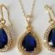 Navy Blue Gold Crystal Jewelry Set, Blue Sapphire Teardrop Bridal Set, Blue Halo Earrings&Necklace Jewelry Set, Dark Blue Jewelry, Prom Set