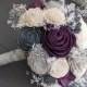 Plum, Charcoal, Light Gray, and Ivory Sola Wood Flower Bouquet with Baby's Breath - Bridal Bridesmaid Toss