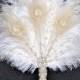 Pearls Bridal Feather Fan, Ostrich Feather Fan Bridal Bouquet Gatsby 1920s Bouquet Bridesmaid Fan gift wedding groom feathers boutonniere