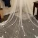 Cathedral white or light ivory lace veil, simple bridal veil, long veil with lace edge