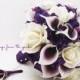 Bridal or Bridesmaid - Bouquet Real Touch Picasso Callas White Roses & Purple Hydrangea - add Grooms Groomsman Boutonniere - Wedding Flowers