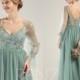 Bridesmaid Dress Dusty Green Wedding Dress Lace Long Sleeves Bridesmaid Dresses V Neck A-line Long Tulle Formal Dress (LS591)