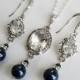 Navy Blue Pearl Jewelry Set, Swarovski Night Blue Earrings&Necklace Set, Wedding Deep Blue Jewelry, Dark Blue Jewelry Set, Bridal Party Gift