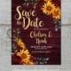 Rustic Burgundy Fall Wedding Save The Date Card,Sunflowers,Burgundy Roses,Barn Wood,Gold Print,Shimmery,Personalize,Printed Cards