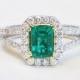 Emerald Ring - 14K White and Yellow Gold Emerald and Diamond Halo Ring