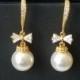 Pearl Gold Bridal Earrings, Swarovski 10mm Pearl Drop Chandelier Earrings, Pearl Bow Wedding Earrings, Bridal Party Gift, Wedding Jewelry