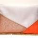 Wedding clutch, evening clutch, ivory bag, orange, faux copper leather pink gold graphic lines - After the Beach