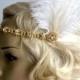 Gold Crystal Rhinestone Headband Headpiece, 1920s flapper gatsby Headband, Wedding Headband, Ivory Gold Peacock rhinestone feather Headband