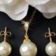 Pearl Gold Jewelry Set, Swarovski Ivory Pearl Earrings&Necklace Set, Wedding Pearl Set, Bridal Pearl Jewelry, Gold Pearl Bridal Jewelry Set