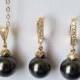 Black Pearl Gold Jewelry Set, Swarovski Pearl Gold Earrings&Necklace Set, Wedding Black Jewelry Charcoal Gold Jewelry Pearl Drop Jewelry Set