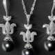 Black Pearl Jewelry Set, Swarovski Black Pearl Set, Wedding Earrings&Necklace Set, Charcoal Pearl Set, French Lily Jewelry, Fleur De Lis Set