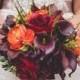 Fall wedding bouquet, plum round bouquet, callas and roses bride bouquet, orange and purple bridal bouquet.
