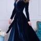 Navy Blue Velvet Dress, Long Sleeve Velvet Dress, Wrap Maxi Dress, Bridesmaid Wrap Gown, Velvet Bridesmaid Dress