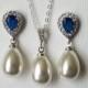 White Pearl Jewelry Set, Wedding Teardrop Earrings&Necklace Set, White Navy Blue Pearl Set, Bridal Jewelry Wedding Jewelry Bridal Party Gift