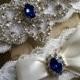 Ivory wedding garter set, no slip grip garter toss and keepsake. Antique white rhinestone bridal garter satin ribbon and lace plus size blue
