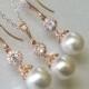 Pearl Rose Gold Bridal Jewelry Set, Swarovski White Pearl Earrings&Necklace Set, Wedding Rose Gold Jewelry, Bridesmaids Pink Gold Jewelry
