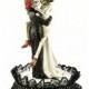 Black Lace Day of the Dead Sexy Skulls Wedding Cake Topper - Custom Painted Hair Color Available - 104014