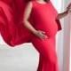 Red Maternity Dress~Dress With Cape~Long A line Gown With Long Cape~Maternity Gown~Baby Shower Gown~Maxi Dress~Dress for Photo Shoot
