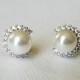 White Pearl Stud Earrings, Swarovski Pearl CZ Earrings, Bridal Pearl Silver Earring Studs, Wedding Pearl Bridal Jewelry, Dainty Pearl Studs