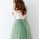 Dusty Sage Long Sleeve Wedding Gown, White Lace Flower Girl Dress, Floor Length Mint Green Tulle Dress
