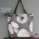 Oversized Floral Tote Bag with Pockets for Bridesmaids, Extra Large Shoulder Bag with Large Grey Cream Sepia Flowers and Waxed Canvas Bottom