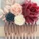 Floral Hair Comb Rose Gold Leaves Branches Marsala Red Wine Rose Bridal Hair Piece Flowers Bridesmaids Gift Navy Blue and Pale Blush Pink