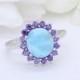 Halo Oval Natural Dominican Larimar Wedding Engagement Ring Solid 925 Sterling Silver Larimar Ring Round Amethyst CZ Vintage Art Deco