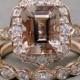 SALE Emerald Cut 9x7 Morganite Engagement Ring Diamond Bridal Set Wedding 14k Roe Gold 2 3/5ct Total Weight Vintage Scalloped Design