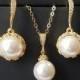 Pearl Gold Bridal Jewelry Set, Swarovski White Pearl Earrings&Necklace Set, Pearl Halo Earrings, White Pearl Pendant, Wedding Bridal Jewelry