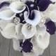 Bride purple and white calla lily teardrop bouquet artificial wedding flowers real touch calla lilies foam roses pearls diamante brooches