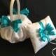 Turquoise flower girl basket, Turquoise ring bearer pillow, white or ivory flower girl basket, wedding ring pillow, lace wedding basket