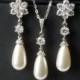 White Teardrop Pearl Bridal jewelry Set, Swarovski White Pearl Earrings&Necklace Set, Wedding Pearl Jewelry Set, Pearl Silver Bridal Jewelry