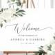 Wedding Welcome Sign Template with Greenery and White Floral Design, Fully Editable Colors and Wording with Templett, 137V12
