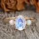 Oval Cut Moonstone Engagement Ring Unique Opal Ring Three 3 Stones Ring 6x8mm Moonstone Ring Yellow Gold Cabochon Opal Unique Custom Gift