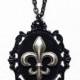 Fleur de Lis Necklace, Gothic Victorian Velvet Cameo Pendant, Black Baroque Frame, Gothic Jewelry, Gift For Her, Alternative Jewelry