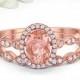 Oval Morganite Diamond CZ Art Deco Wedding Engagement Bridal Set Ring Band Two Piece Round CZ Rose Gold 925 Sterling Silver