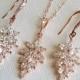 Rose Gold Cubic Zirconia Jewelry Set, Cluster Leaf Crystal Earrings&Necklace Set, Floral Crystal Bridal Jewelry, Rose Gold Wedding Jewelry